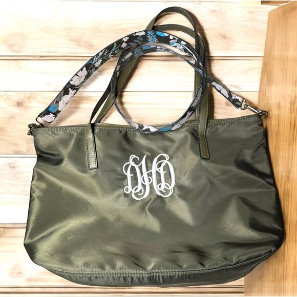 Monogrammed Green Tote Bag With Floral Shoulder Strap & Double Handles - Picture 1 of 8